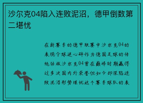 沙尔克04陷入连败泥沼，德甲倒数第二堪忧